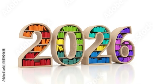 Colorful bookshelves shaped as 2026 on white background