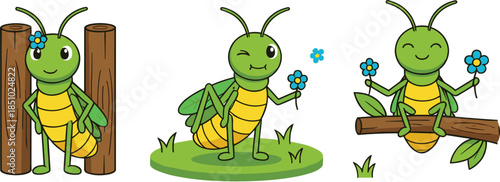 Cute cartoon grasshopper vector set featuring green insect characters holding flowers on branches for nature and garden designs.