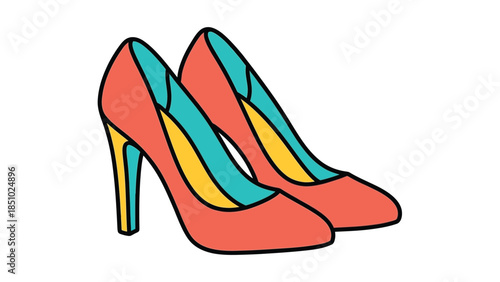 Stylish Coral High Heel Shoes with Teal and Yellow Accents.