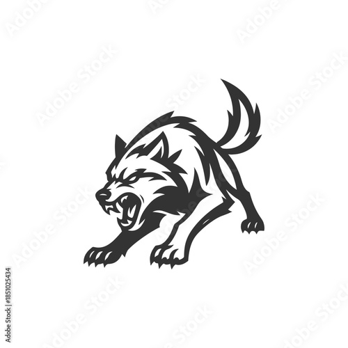Bold wolf silhouette ready to pounce, perfect for logo or branding, conveying power and ferocity