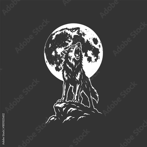 Eerie wolf howling at the moon on a dark night, mysterious and captivating monochrome scene art
