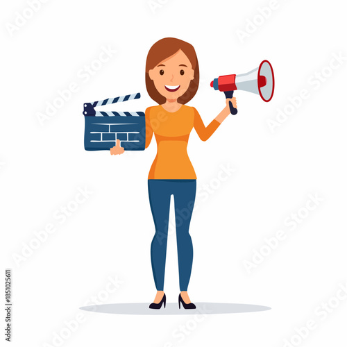 Professional woman announcing with megaphone and clapperboard for media production