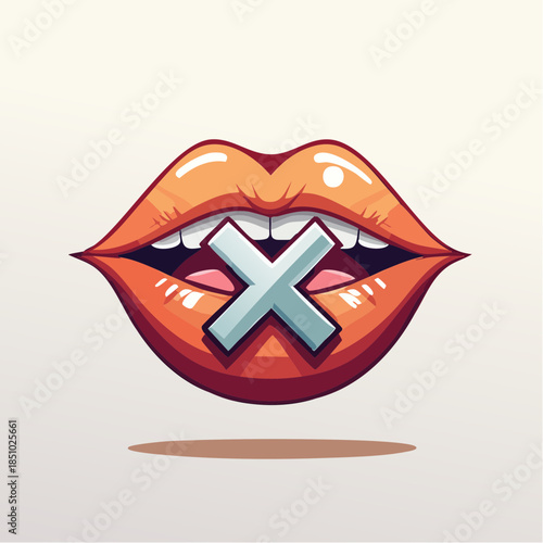 Vibrant Graphic Illustration of Silenced Human Lips with Tape Cross Symbolizing Restriction