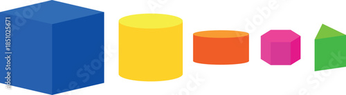 A row of colorful 3d geometric shapes including a cube, cylinders, and prisms