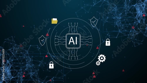 Artificial intelligence with cybersecurity icons surrounding Concept for AI technology, data protection, digital privacy, encryption, and secure communication system.