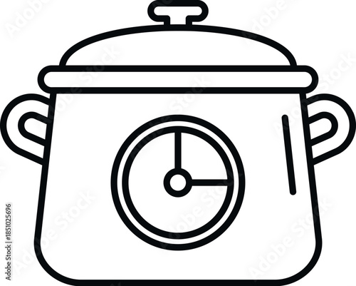 Cooking pot with a lid and integrated clock timer, illustrating kitchen appliance functions
