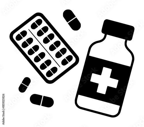 Black and white of a pill blister pack and medicine bottle with a cross symbol editable pills