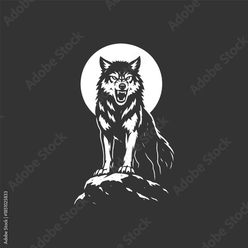 Intense wolf howling at full moon in striking monochrome design for powerful brand identity needs