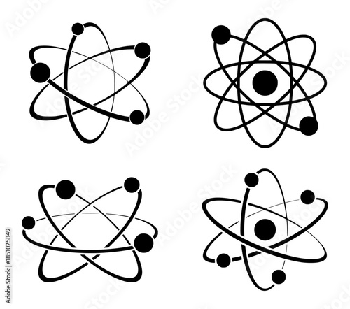 Black atom with orbiting electrons white background science atomic