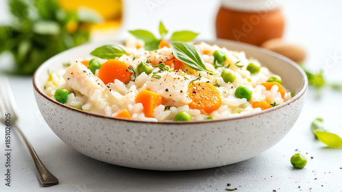 A delicious bowl of creamy risotto with vegetables, garnished with fresh herbs, perfect for a comforting meal.