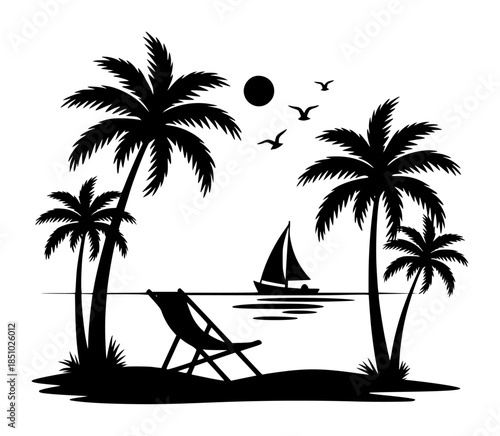 Black silhouette of a tropical beach scene with palm trees a deck chair and a sailboat the ocean under a dark sun and flying birds