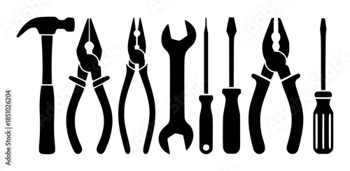 Collection of black silhouette hand tools including hammer pliers wrench and screwdrivers editable