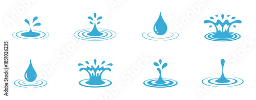 Collection of blue water splashes and drops creating ripples white background liquid