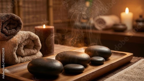 Warm spa setting with hot stones for massage therapy and lit candles creating a relaxing atmosphere with steaming hot rocks and soft towels