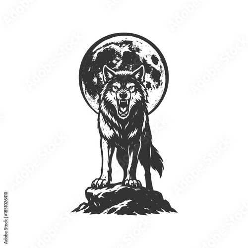 Majestic wolf silhouette howling at the moon conveys a sense of wilderness and untamed nature