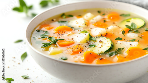 A fresh, colorful vegetable soup packed with healthy ingredients, perfect for a comforting meal or a nutritious addition to any diet.