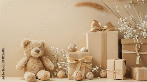 A cozy nursery scene featuring soft knitted teddy bears and wrapped gifts in warm neutral tones, evoking comfort, innocence, and gentle joy while celebrating childhood, care, and the tender beauty of 