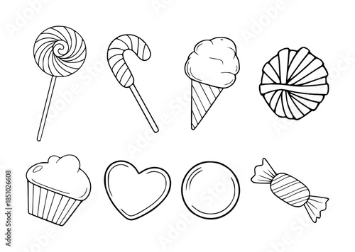 Collection of hand drawn outline sweet treats including lollipop candy corn ice cream cupcake and wrapped candy