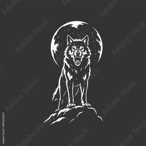 Powerful lone wolf howling at full moon, majestic animal silhouette, night scene, wildlife illustration