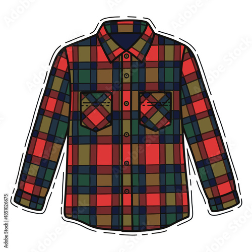 Plaid flannel shirt in red, green, and brown color scheme  