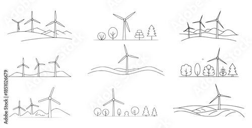 Collection of simple of wind turbines in natural landscapes with trees and rolling hills energy power