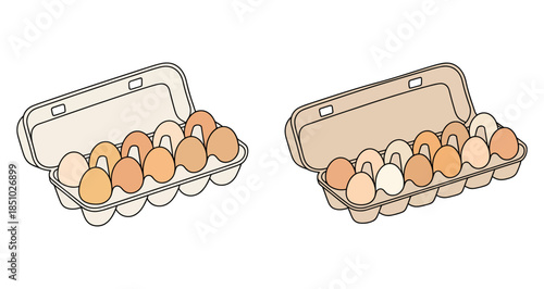 Open egg cartons filled with brown and white eggs in a simple flat editable