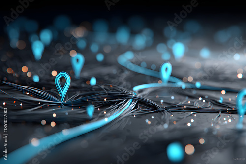 Glowing navigation path with blue location pins on dark abstract background illustrating travel or digital route planning concept in 3D Rendering. 3D Rendering