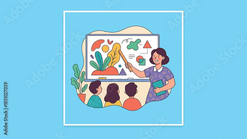 Teacher instructing students at a whiteboard with colorful drawings.