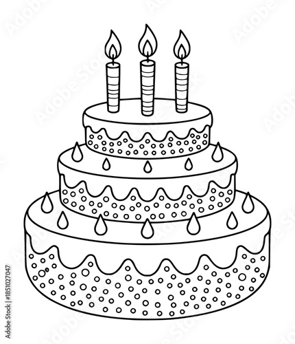 Tier birthday cake with lit candles and dripping icing outline editable celebration