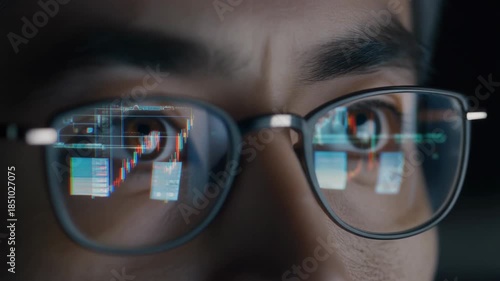 Wallpaper Mural Close-up of a person's eyes wearing glasses with a digital interface reflected in the lenses, against a dark background with a futuristic and technological mood. Torontodigital.ca