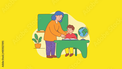 Teacher helping a student at a desk in a classroom setting.