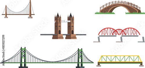 Famous bridge architecture vector set featuring Tower Bridge suspension bridge arched wooden bridge and modern truss designs for travel.