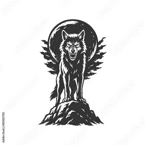 Powerful wolf roaring at the moon, standing tall on a rock, a symbol of strength and wilderness