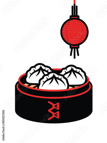 Traditional Chinese Dim Sum Dumplings in Bamboo Steamer with Lantern.