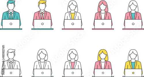 Flat vector icon set of diverse businessmen and businesswomen working on laptops for corporate office remote work and professional career concept designs