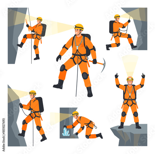 Man caver character exploring underground cave adventures