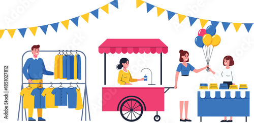 Flat vector illustration of an outdoor street market featuring people shopping for clothes food stalls and balloon vendors.