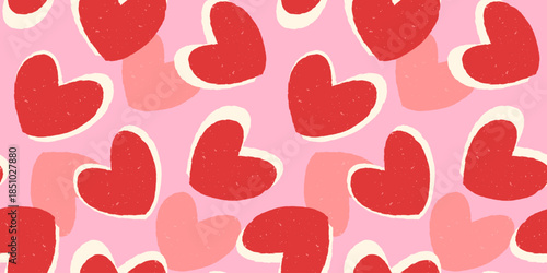 Love Day seamless pattern with noisy textured red hearts on pink background. Vector illustration.