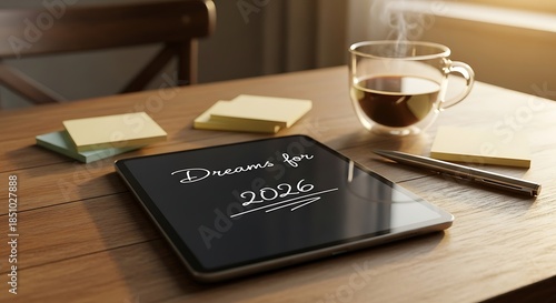 Planning dreams for new year 2026 on tablet with coffee
