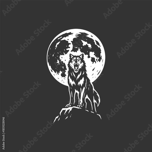 Striking wolf howling at full moon conveys fierce power and untamed nature in a graphic design