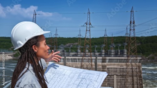 female engineer on the observation deck of a huge hydroelectric power station holding a drawing of the construction project of an engineering structure