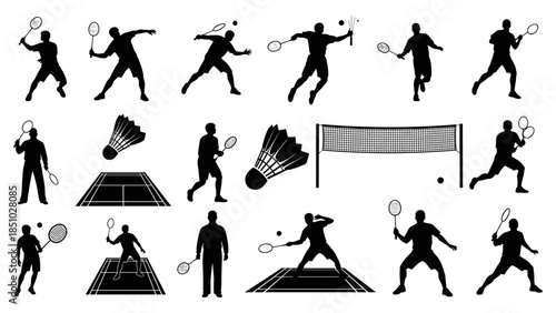 Collection of silhouettes of people playing tennis different courts