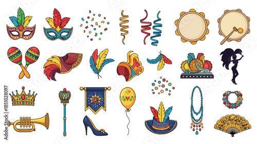 Collection of colorful carnival and festival masks, costumes, and accessories