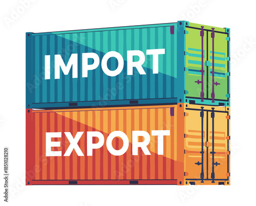 Stack of cargo containers with IMPORT and EXPORT words on them