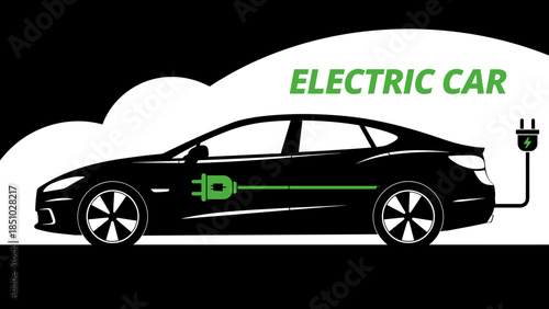 Silhouette of green electric car charging