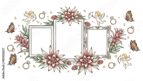 Elegant floral arrangement with three photo frames and decorative elements