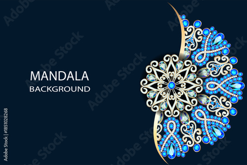Mandala brooch jewelry, design element.  Geometric vintage ornamental background.