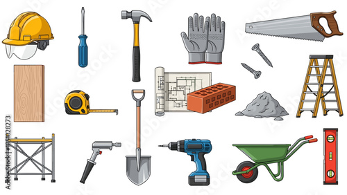 Collection of construction tools and equipment for building work