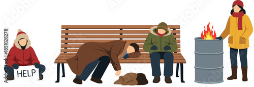 Flat vector illustration of homeless people on a park bench and warming by a fire barrel for social awareness and charity designs.