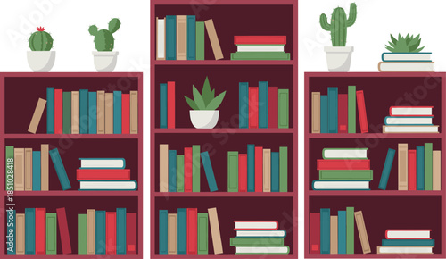Flat vector illustration of modern wooden bookshelves filled with colorful books and potted succulent plants for home office and library interior designs.